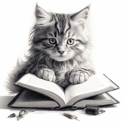 Pencil sketch nice cat book reading image Generative AI