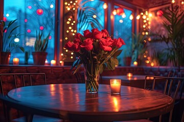 Romantic table setting for Valentine's Day dinner with roses and candle light to have a beautiful evening with your partner