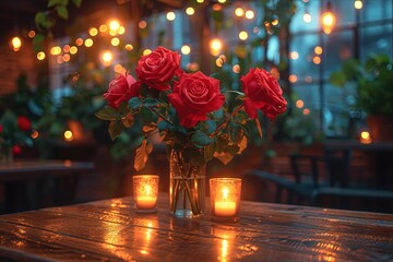 Romantic table setting for Valentine's Day dinner with roses and candles. Candle light dinner for couples 