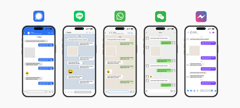 Most Popular Messaging Apps, WhatsApp, Facebook, WeChat, Signal and Line messengers on in mobile communication illustration. Chat app template. Modern realistic  smartphone. Vector.