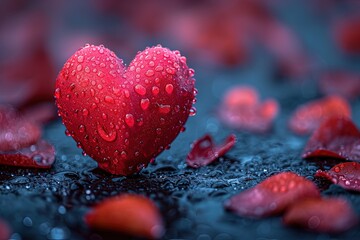 Heart with water droplets on the road while rain is pouring 