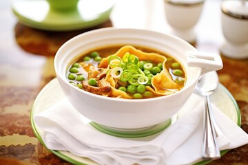 bowl of hot and sour soup with egg ribbons and peas