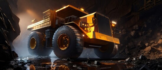 Nightshift in the coal mine: Illuminated dump truck at work under the starlit sky