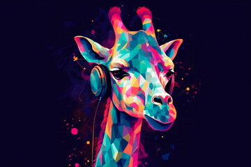 Generative Ai illustration of a portrait of a party giraffe with headphones on a colorful abstract background - obrazy, fototapety, plakaty