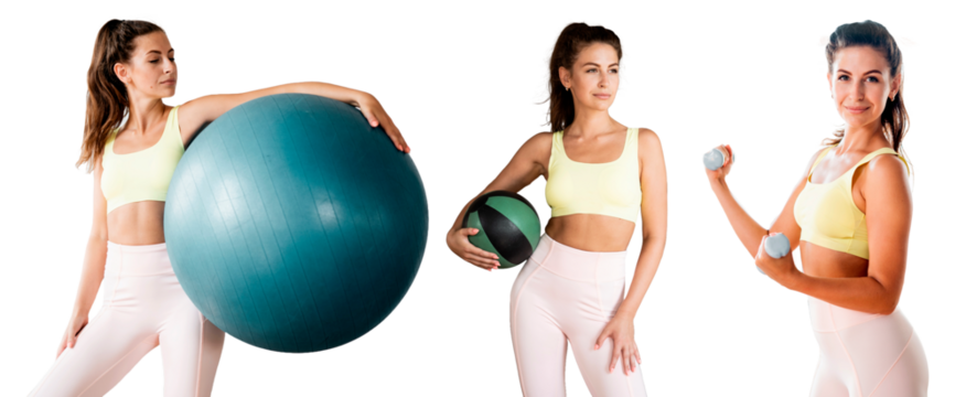 Athletic slender young woman warm-up workout uses fitness equipment dumbbells and a ball. Concept sport. Transparent background, isolated.