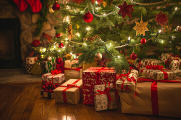 Fototapeta na wymiar A festive scene with elegantly wrapped gifts placed under a beautifully adorned Christmas tree, evoking holiday cheer and generosity. Blurred backgrou