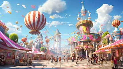 Lively fairground with vibrant rides and cotton candy vendors. Colorful spectacle, sugary confections, joyful revelry, bustling fair, vibrant entertainment. Generated by AI. - obrazy, fototapety, plakaty