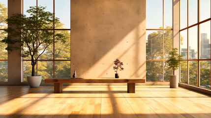 Minimalist Room with Modern Architecture, Wooden Elements, and Sunlight Filtering Through