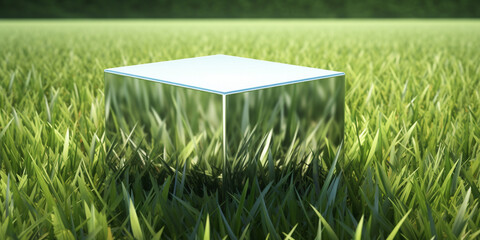 green  in a field,,Abstract natural field scene with podium for product display and frosted glass background 3d rendering