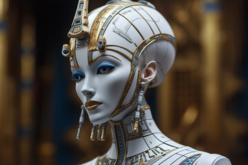 robot-Nefertiti chiaroscuro subtle blue-gold white