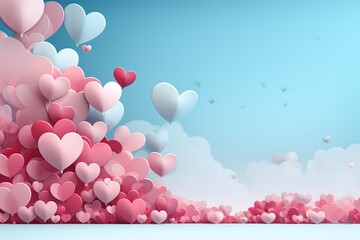 Hearts in the sky with clouds, Valentine day background. Created with Ai