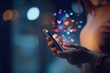 An image featuring a pair of hands holding a modern smartphone with heart emojis floating against a softly blurred background. - Powered by Adobe