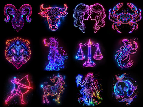 Set of zodiac signs icons. Aries, Leo, Gemini, Taurus, Scorpio, Aquarius, Pisces, Sagittarius, libra, Virgo, Capricorn, and Cancer. Neon style.