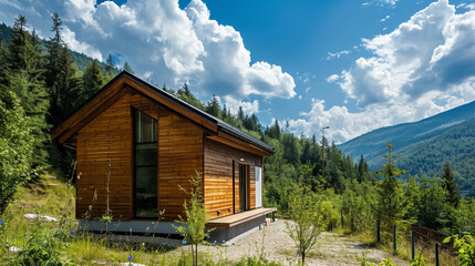 Wooden cottage in nature in sunny day. Recreation center in the mountains. Ai Generative