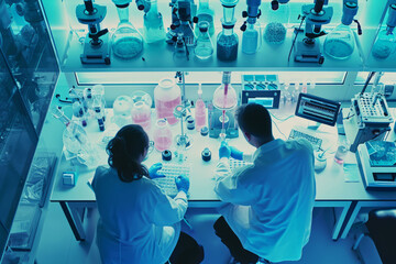 Scientific efforts towards finding a cure for Disease X, featuring lab equipment and researchers in a modern laboratory setting