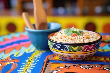 rice in a colorful ceramic dish with a side of refried beans