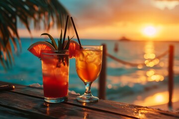 Summer cocktails on luxury tropical beach resort at sunset. Generative AI - obrazy, fototapety, plakaty