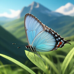 Fototapeta na wymiar Vibrant Blue Butterfly Perched on Greenery, Mountain Backdrop