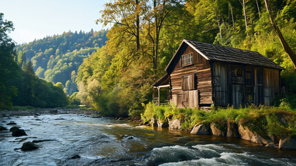 Fototapeta na wymiar Wooden house and river. Ai Generative