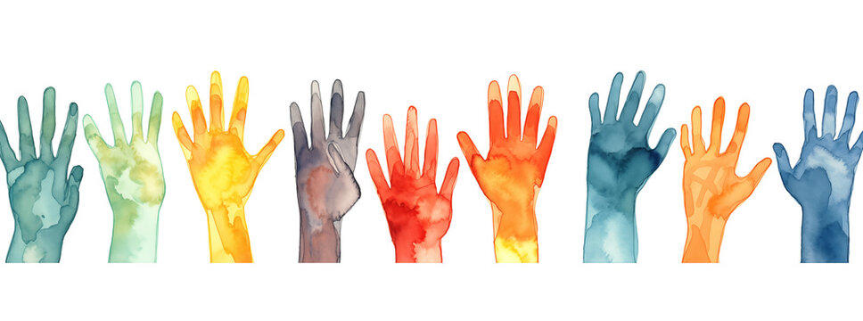 Series of hands, rainbow colors background, children hand painting simple, naive watercolor wallpaper, hand print shapes of different color isolated on white or transparent background, page decoration
