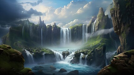 Stunning waterfall cascades down a rocky cliff. Grand spectacle, rugged terrain, natural beauty, picturesque scenery, mesmerizing cascade. Generated by AI.