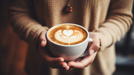 woman hold a cup of latte art coffee - obrazy, fototapety, plakaty