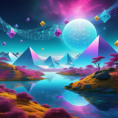 Surreal Fantasy Landscape with Neon Colors and Geometric Shapes