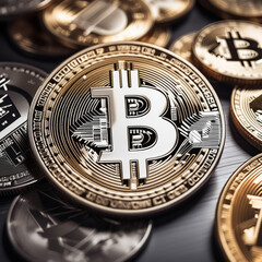 Close-up of Bitcoin Coins on Dark Textured Background