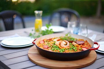 mixed paella with chorizo, prawns, and peas served on a patio