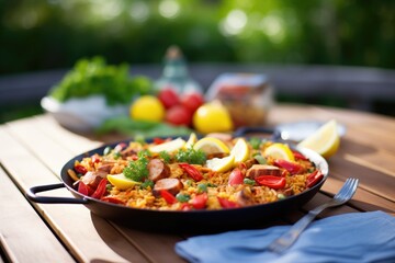paella with chicken and chorizo on a rustic wood table