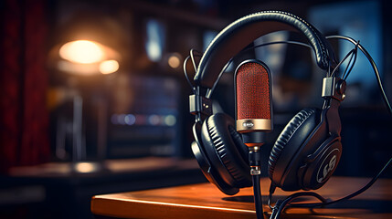 Headphones on microphone stand professional studio