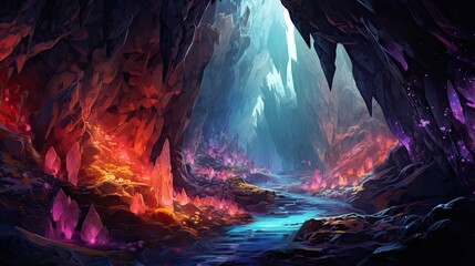 Veiled cavern adorned with shimmering crystals in various hues. Enigmatic beauty, luminescent gemstones, concealed passages, subterranean beauty. Generated by AI. - obrazy, fototapety, plakaty