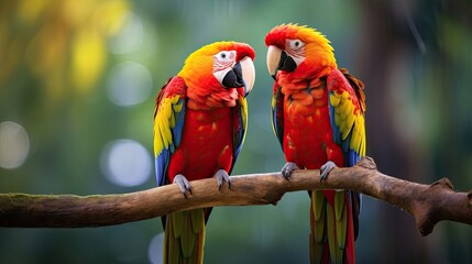 Lively parrots adorned in vibrant colors resting on a tree branch. Exotic plumage, tropical avian pair, colorful perch, nature's beauty. Generated by AI.