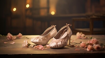 Dainty ballet slippers arranged on a stage. Elegant footwear, dance essentials, artistic presentation. Generated by AI. - obrazy, fototapety, plakaty
