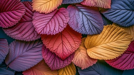 large serrated colorful leaves of red magenta yellow and blue spread on a dark background