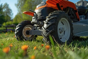 A lawn mower is parked in the grass. Ideal for landscaping and gardening projects