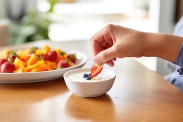 person dipping fruit into a probiotic yogurt dip - obrazy, fototapety, plakaty