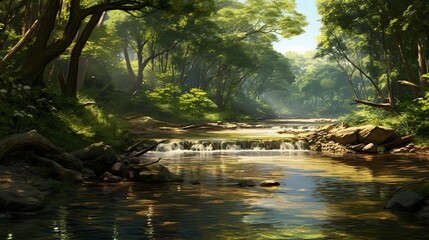 Serene river winding through a peaceful, sunlit forest. Tranquil watercourse, sun-dappled woodland, serene flow. Generated by AI.