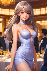 An anime girl at a party wearing a light purple dress, AI-generative