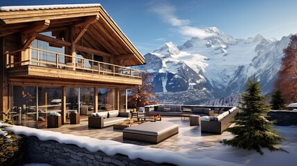 Obraz premium Cozy Swiss chalet amid the grandeur of snow-clad mountains. Alpine retreat, snow-covered peaks, picturesque chalet. Generated by AI.