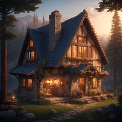 a cozy fairy-tale house against the background of forests and mountains. Generative ai