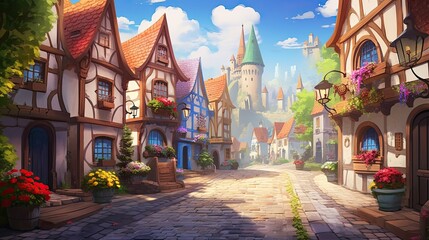 Quaint town with meandering cobblestone streets. Charming village, winding pathways, historic cobblestone roads. Generated by AI. - obrazy, fototapety, plakaty