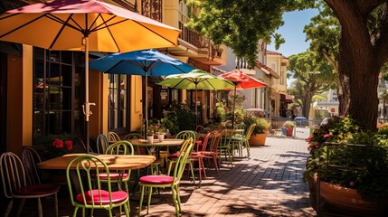 Charming sunlit café adorned with vibrant umbrellas and outdoor seating. Quaint ambiance, al fresco dining, colorful canopy. Generated by AI. - obrazy, fototapety, plakaty