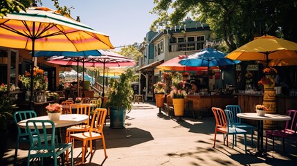 Cozy sun-drenched café adorned with colorful umbrellas and outdoor seating. Quaint setting, al fresco delight, vibrant canopy. Generated by AI.