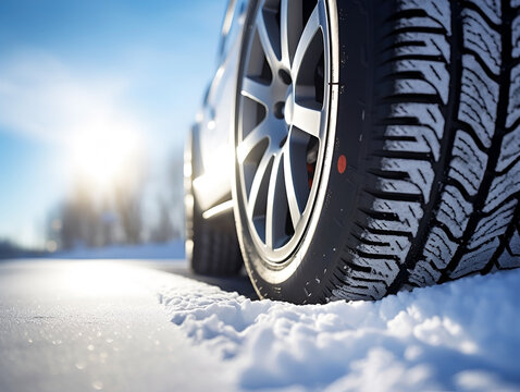 Winter tire. Detail of car tires in winter on the road covered with snow on a sunny day.