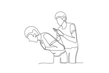 One continuous line drawing of Help a friend who is choking2. Single line draw vector graphic design illustration.

