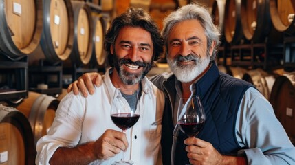 Portrait of two mature men tasting red wine in winery cellar