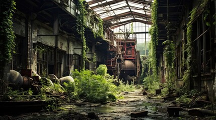 Rusty, reclaimed by nature, derelict, overgrown, nature's resurgence, abandoned structure. Generated by AI.