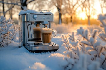 Coffee machine on a snowy field in the rays of the setting sun