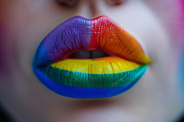 Glamour, beautiful iridescent female lips close up, macro photography. Modern creative Contemporary...